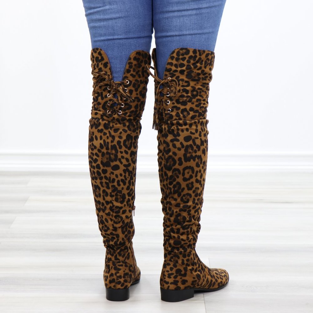 Leopard Suede Thigh High Flat Boot Lace Up Back - Picture 3 of 14